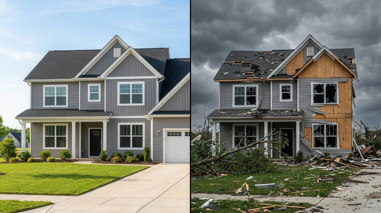 Split-screen house before and after storm damage.