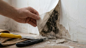 Hand peeling wallpaper to reveal black mold on a damaged wall.
