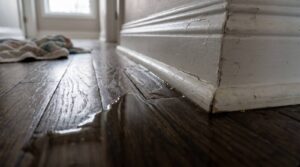 Water leaking across a hardwood floor by a baseboard.