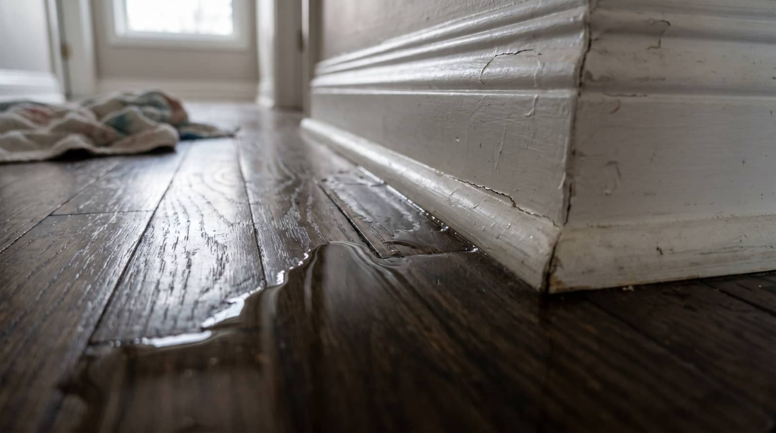 Water leaking across a hardwood floor by a baseboard.