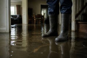 Person in rain boots standing in a flooded house.