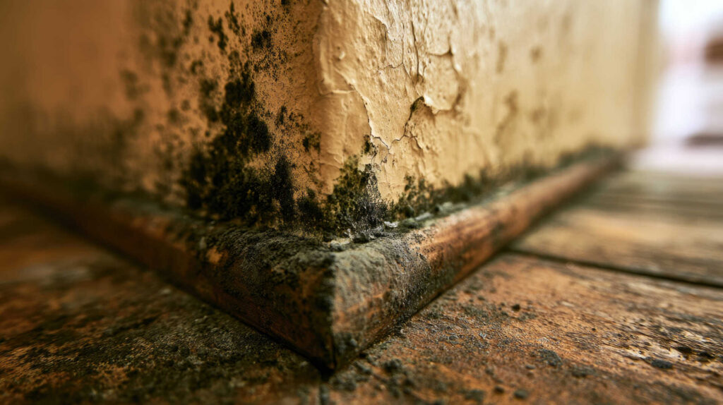 Mold and peeling paint on a damp wall corner.