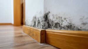 Black mold growing on a white wall near wooden baseboards and a hardwood floor.