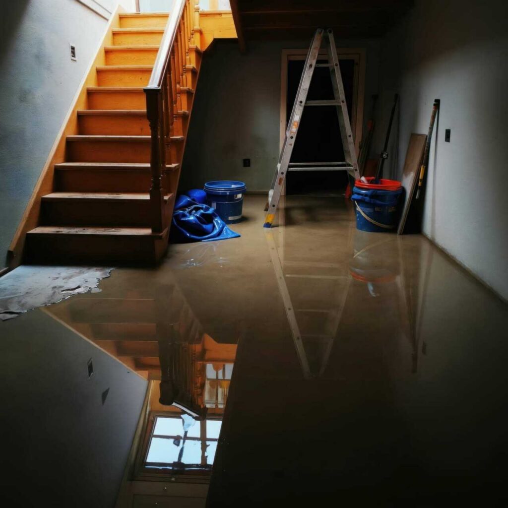 Flooded basement with wooden stairs, a metal ladder, and blue buckets partially submerged in water.