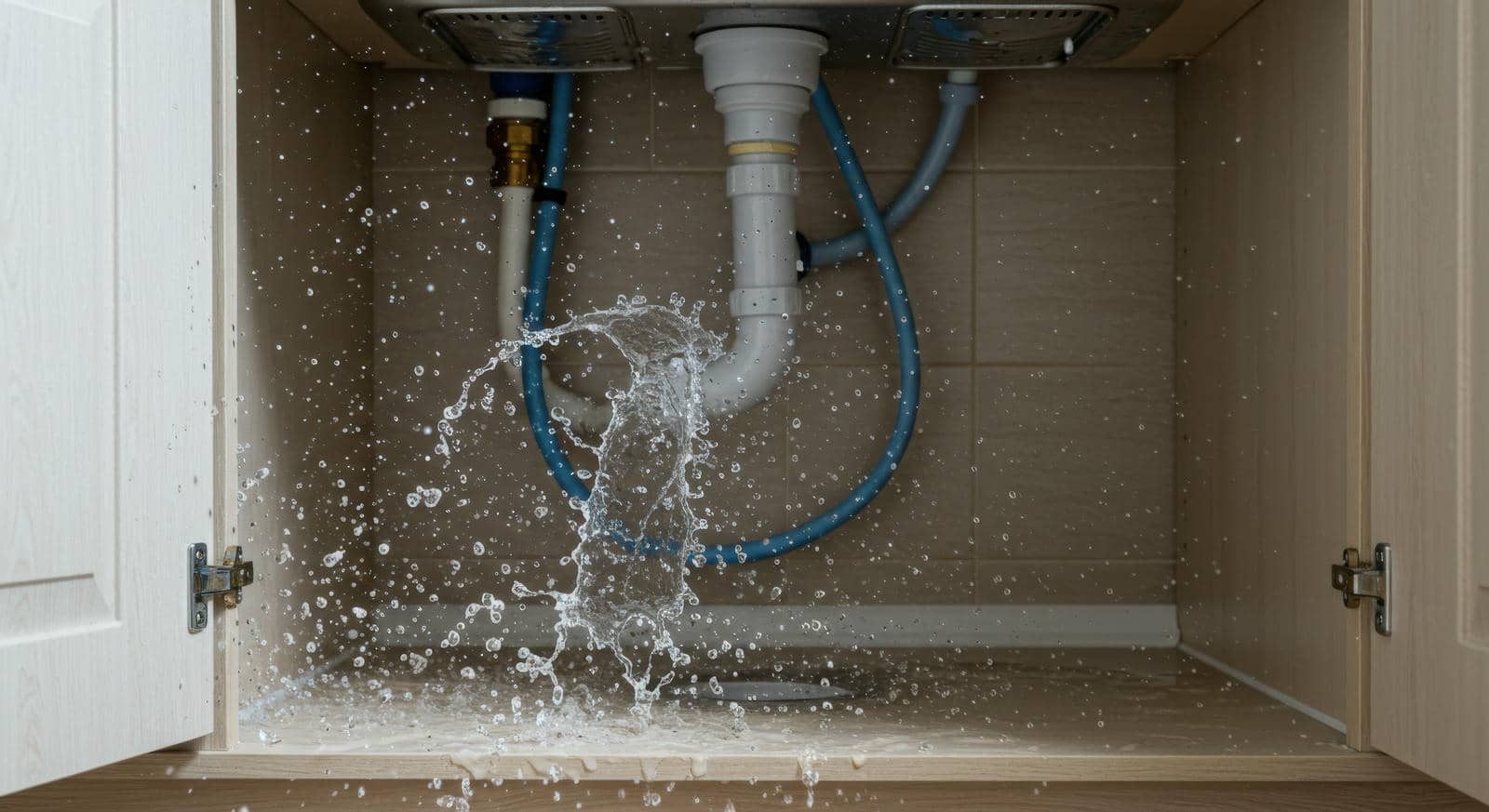 Water splashing inside a cabinet under a sink with visible pipes and hoses.