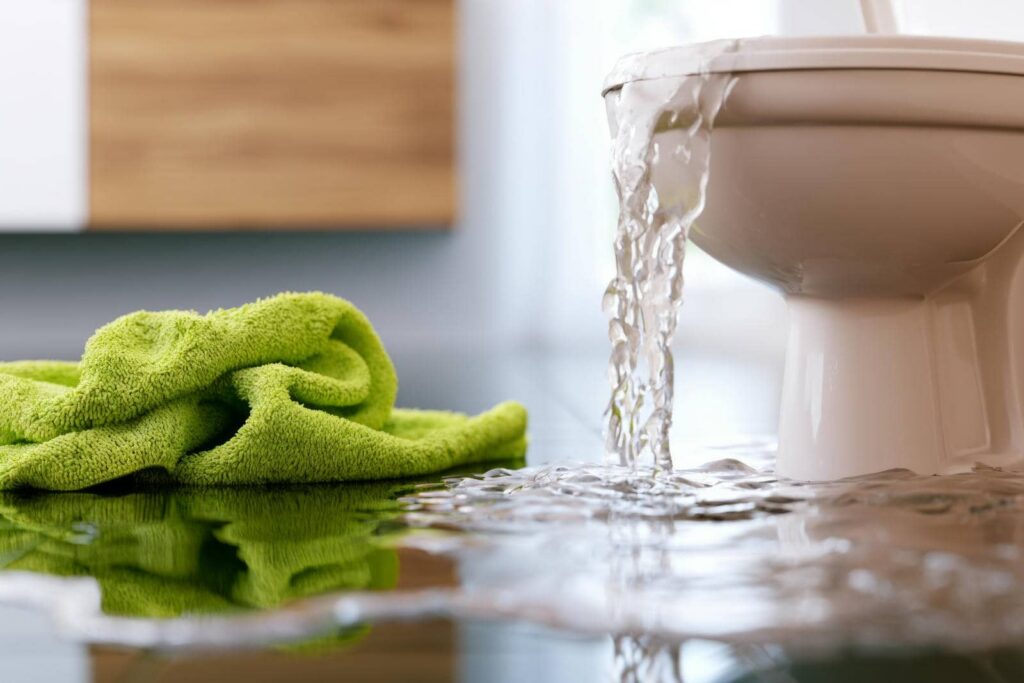 Water overflowing from a toilet onto the floor next to a green towel.
