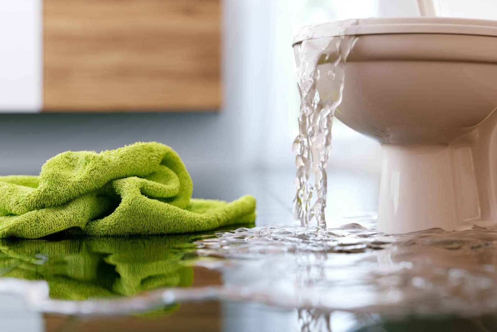 Water overflowing from a toilet onto the floor next to a green towel.