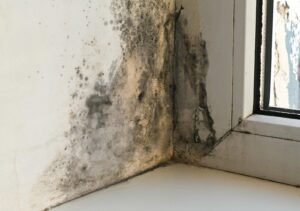 Black mold growth on a white wall corner near a window frame.