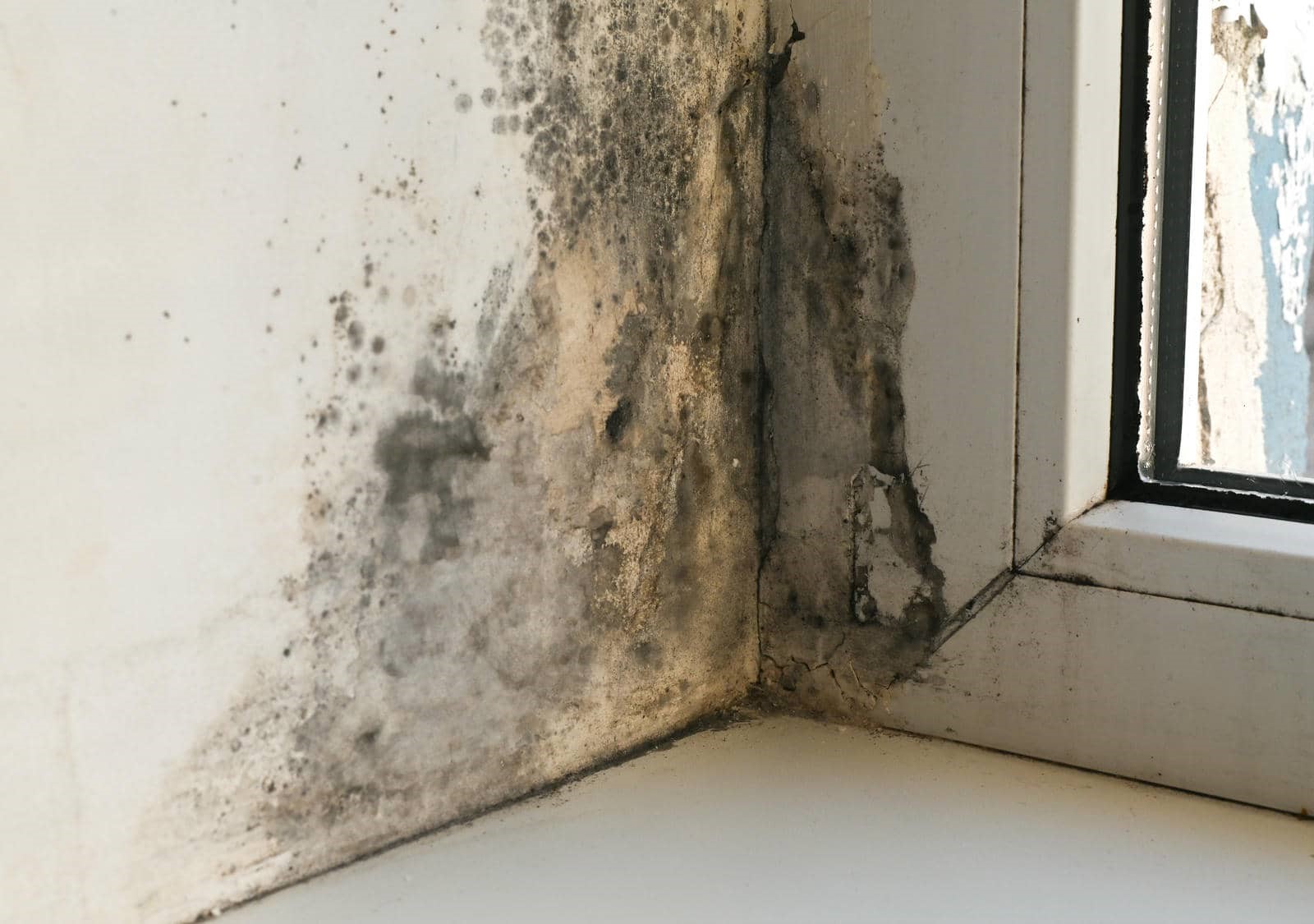 Black mold growth on a white wall corner near a window frame.