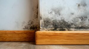 Black mold growth on white walls near wooden baseboards and floor.
