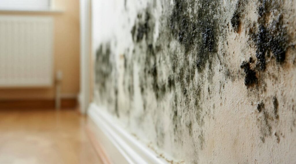Close-up of black mold growing on an indoor wall near the floor.