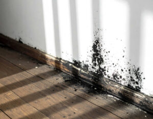 Black mold stains along a wall and baseboard above a wooden floor.