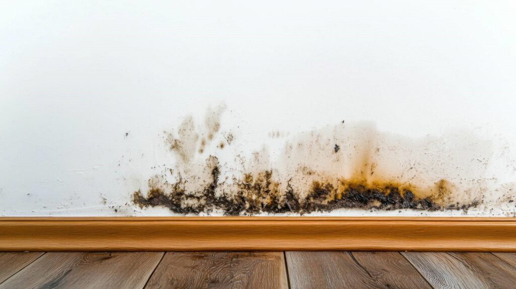 Black mold growing along the base of a white wall above wooden flooring.