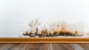 Black mold growing along the base of a white wall above wooden flooring.