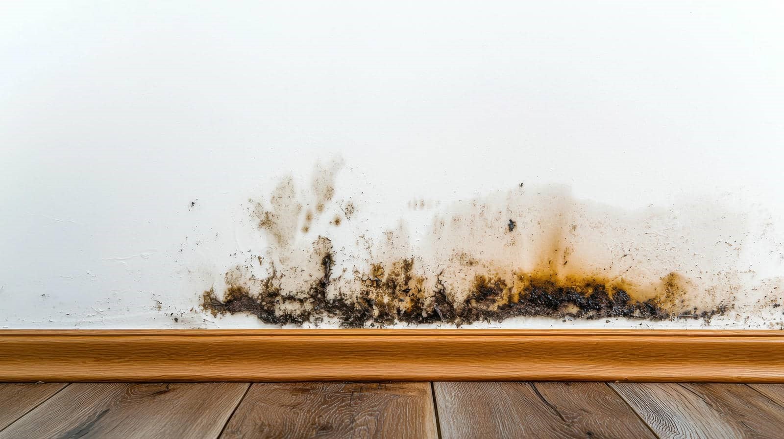 Black mold growing along the base of a white wall above wooden flooring.