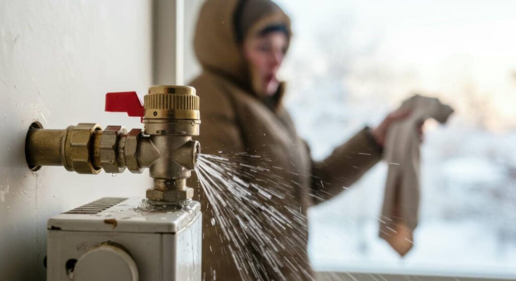 Leaking radiator valve spraying water with a person in a winter coat in the background.