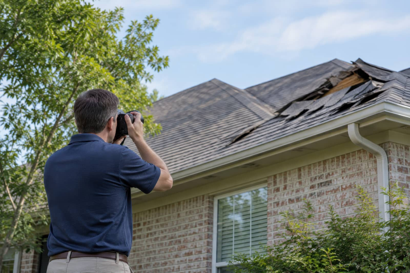 Man photographing a damaged roof on a house.