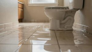 Toilet leaking water onto tiled bathroom floor causing flooding.