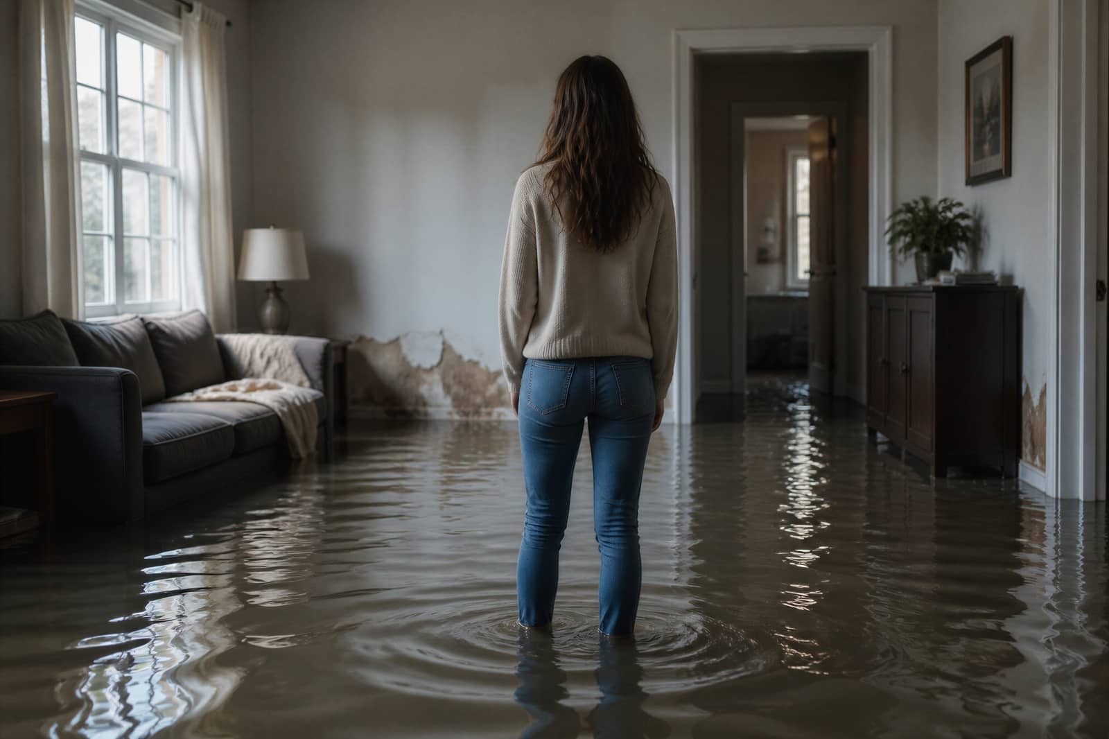 Woman standing in a flooded living room.