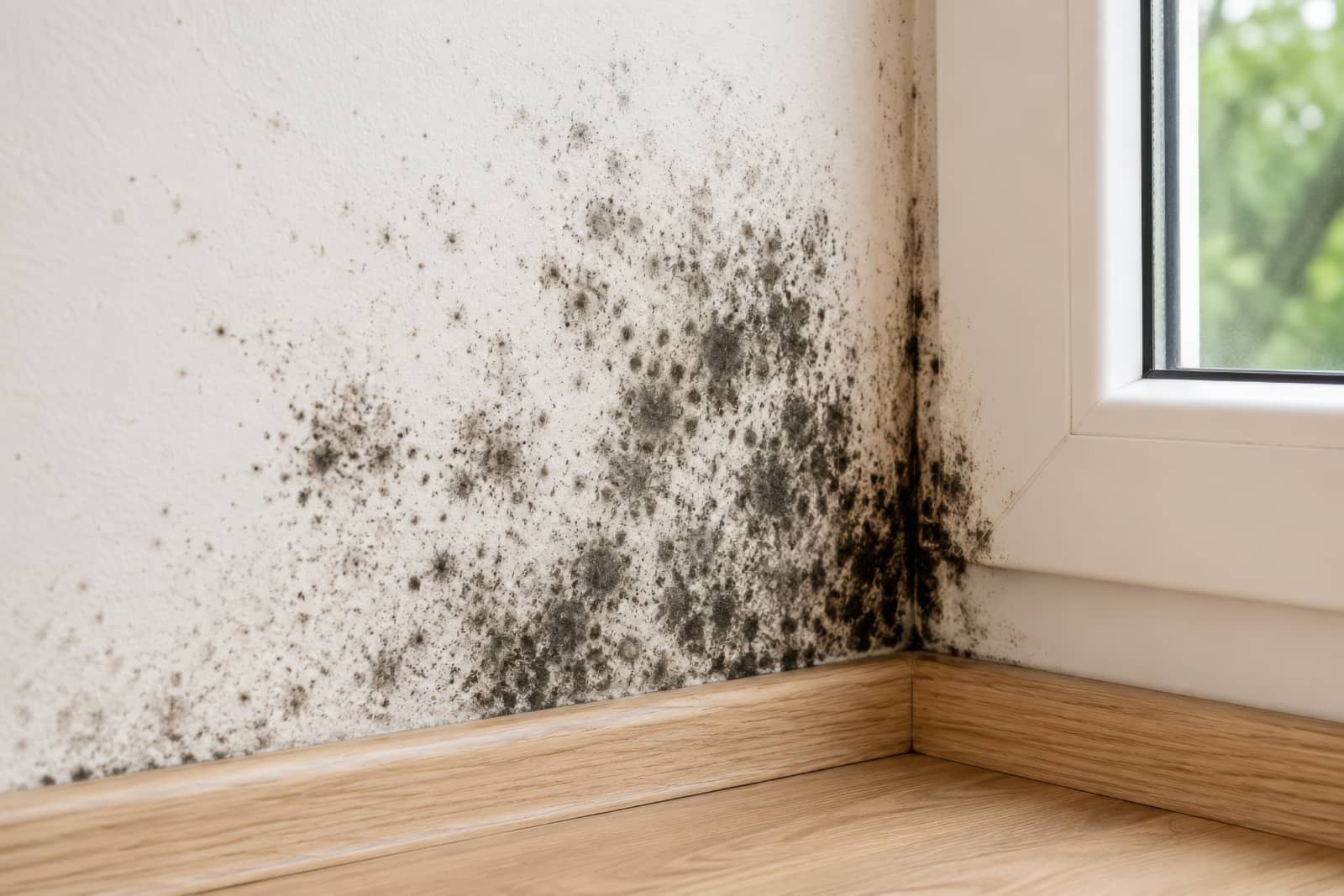 Mold growing on a wall beside a window.