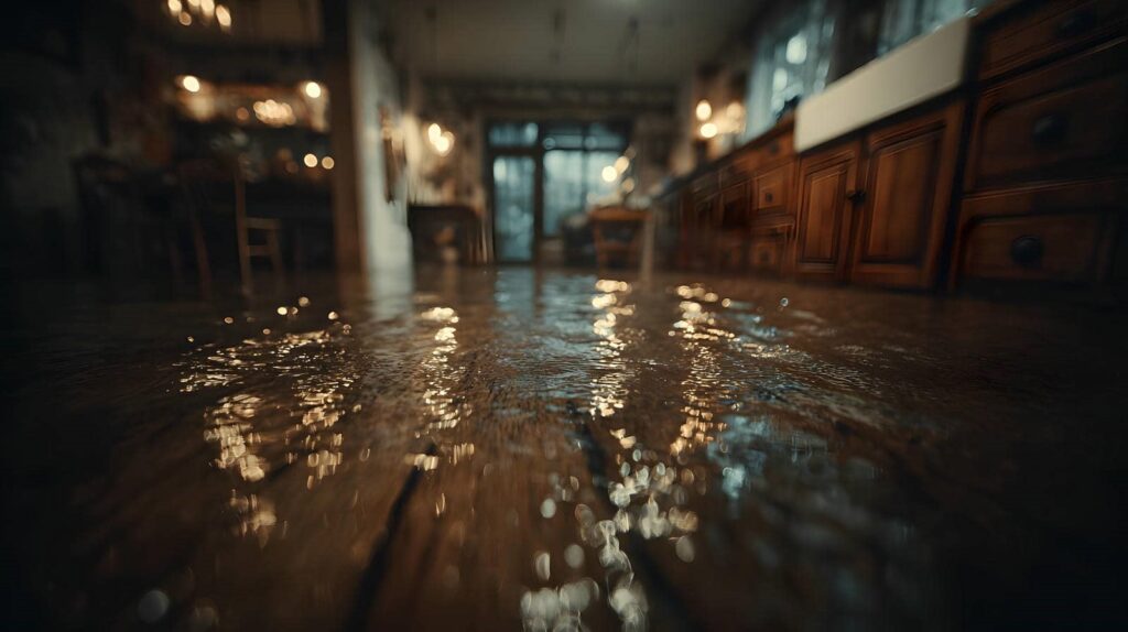 Water flooding a wooden floor in a dimly lit kitchen.