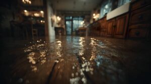 Water flooding a wooden floor in a dimly lit kitchen.