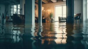 Living room flooded with water reaching halfway up the furniture.