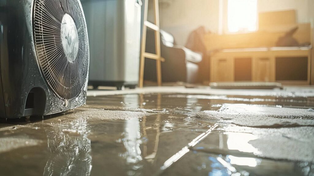 Wet floor with a fan on the left side and sunlight coming through a window in the background.