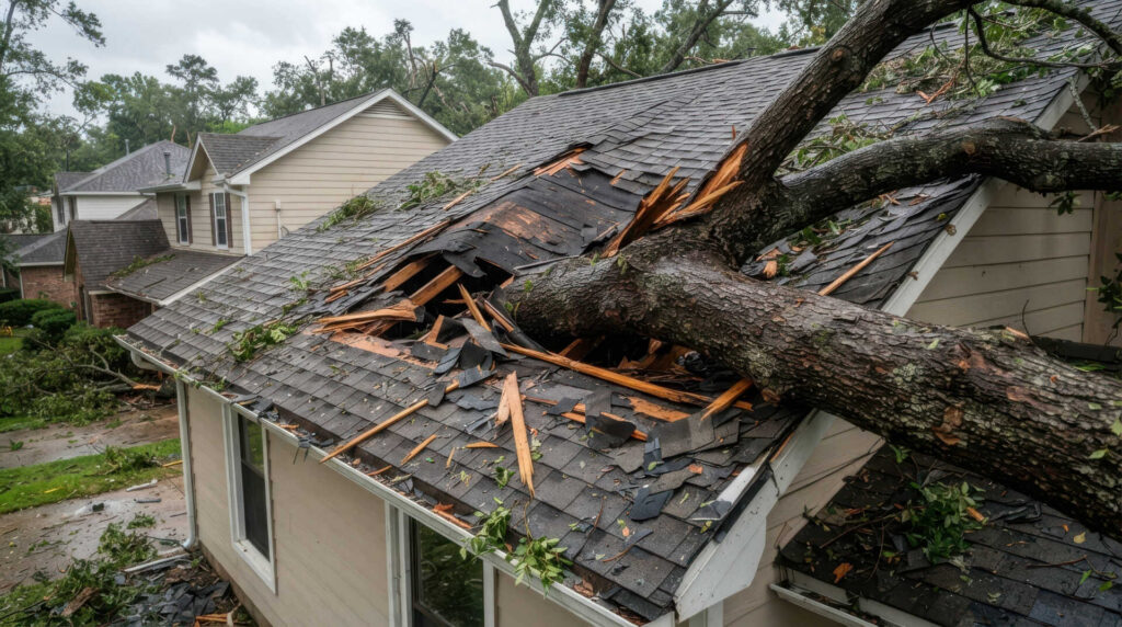 Fallen tree crushing a house roof after storm damage.