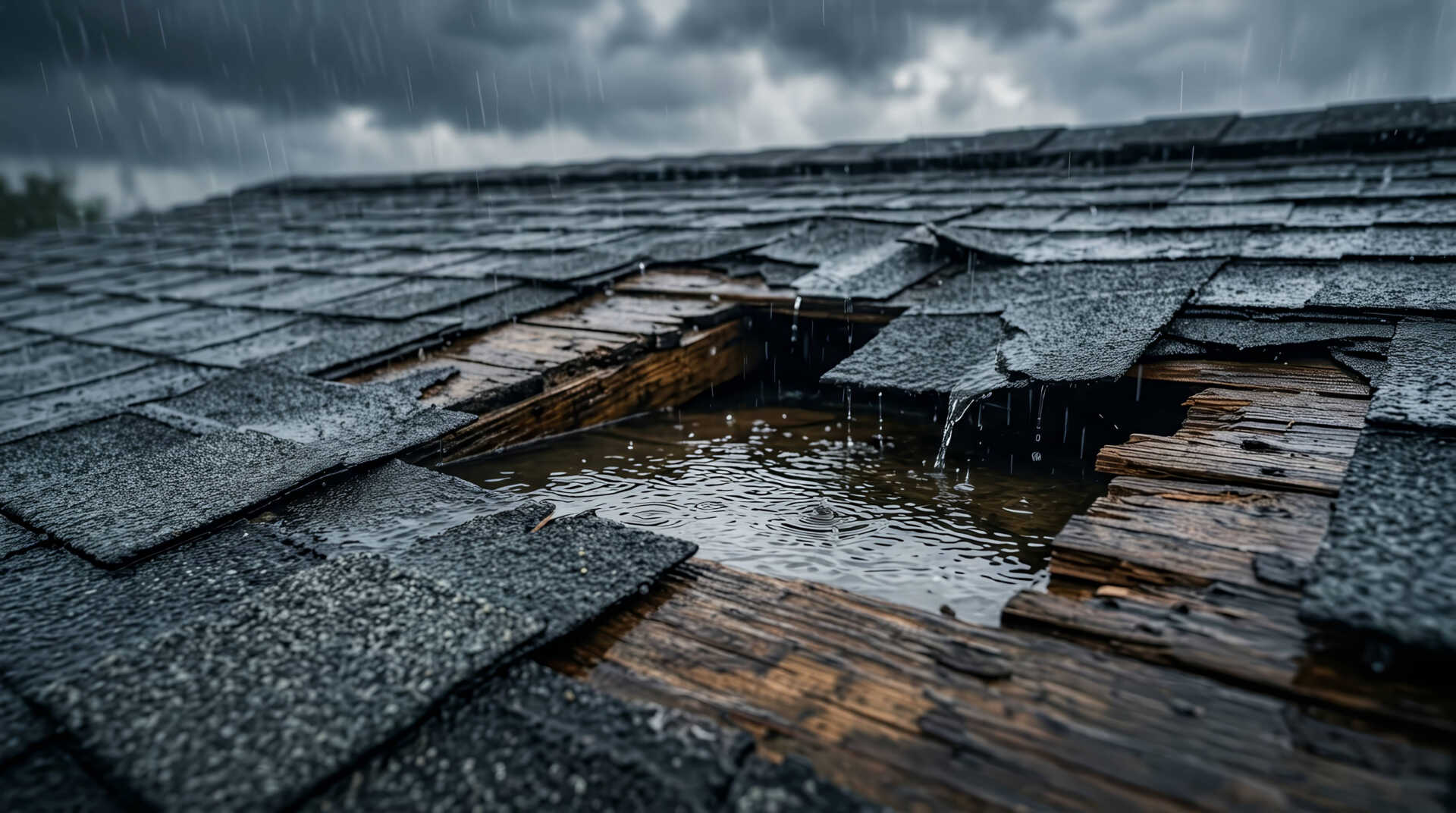 Damaged roof leaking rainwater through missing shingles.