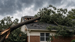 Fallen tree crushing a house roof under stormy skies.