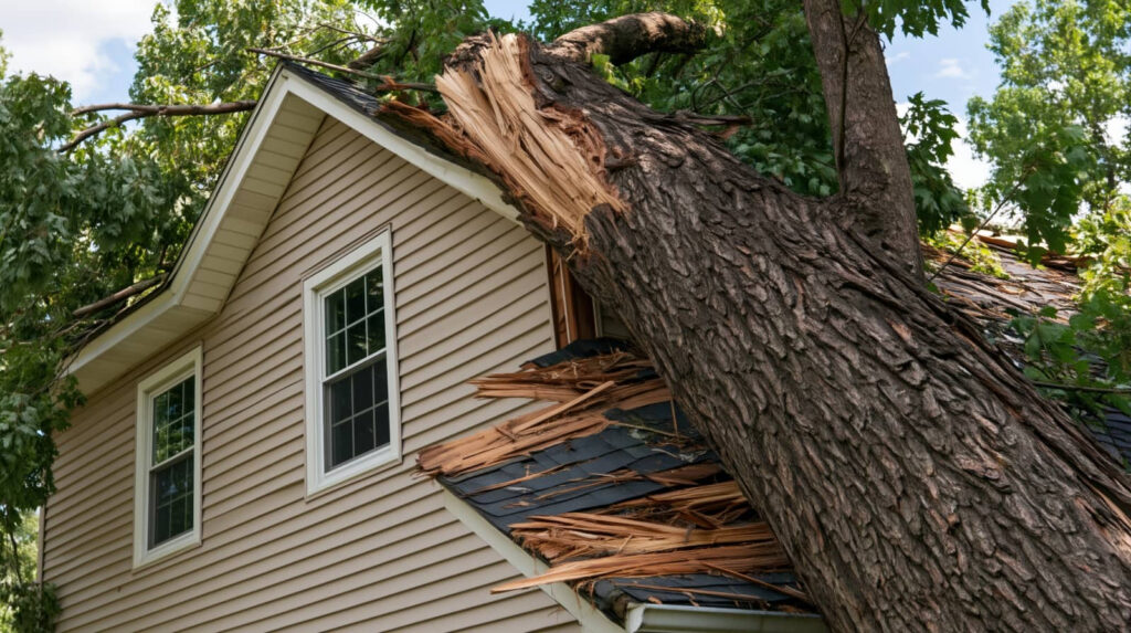 Fallen tree crushing a house roof.