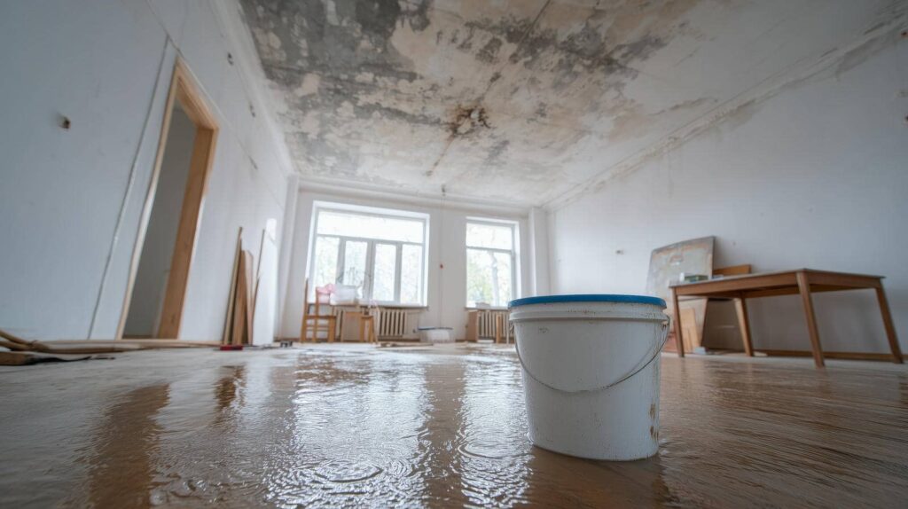 Water pooling on the floor of a room with a damaged ceiling and a white bucket in the foreground.