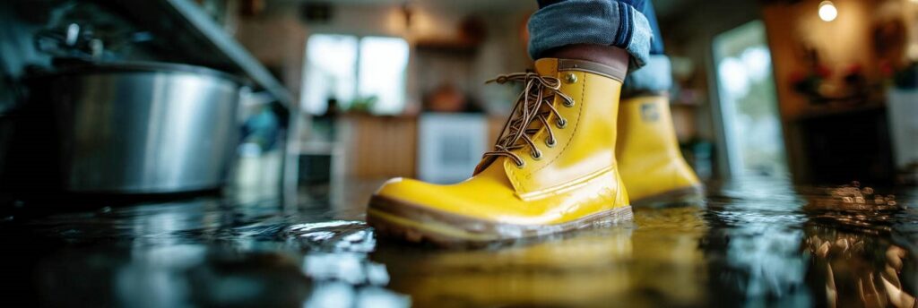 Person wearing yellow rain boots standing in shallow indoor flood water.