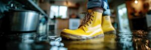 Person wearing yellow rain boots standing in shallow indoor flood water.