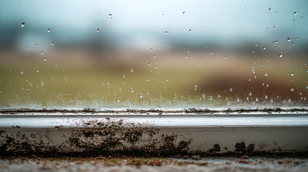 Raindrops on a window with mold growing on the windowsill.