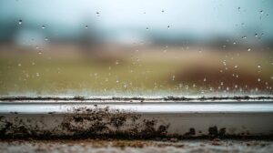 Raindrops on a window with mold growing on the windowsill.