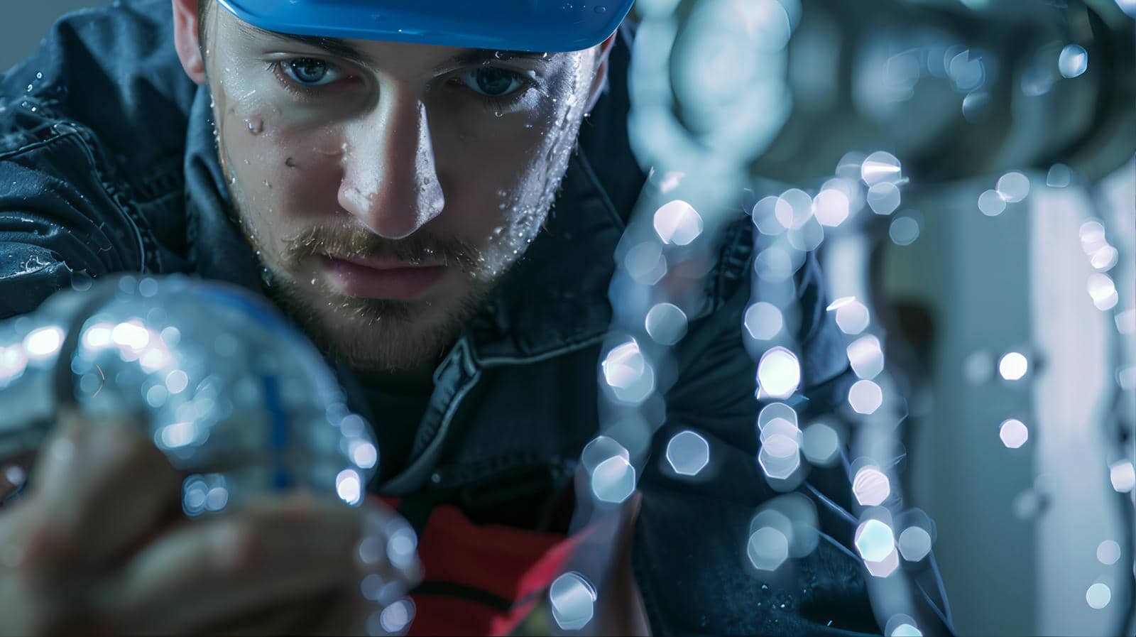 Close-up of a man wearing a blue helmet, working on wet plumbing pipes with water droplets.