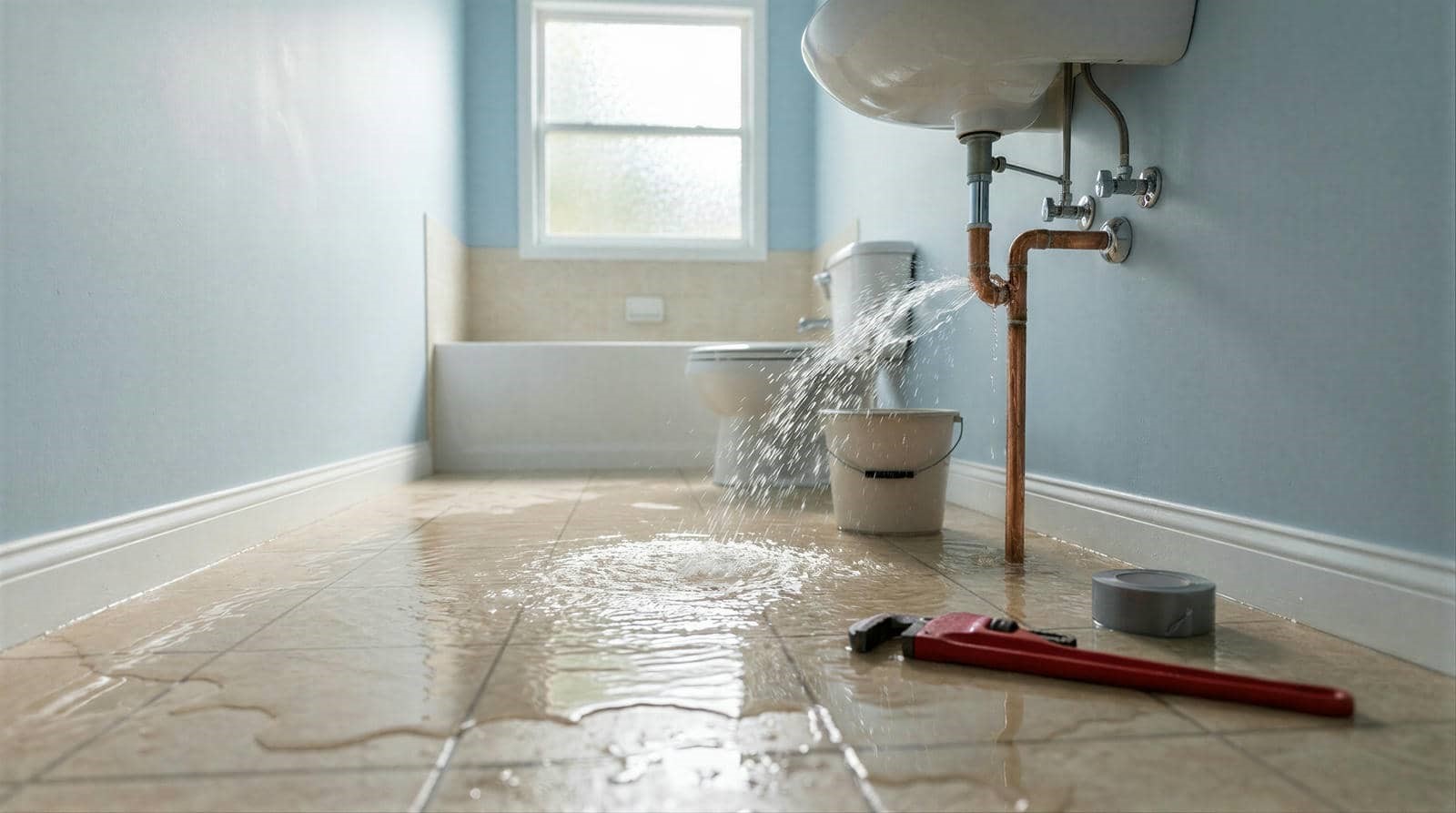 Water spraying from a broken pipe under a bathroom sink onto a flooded floor with a wrench and duct tape nearby.