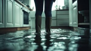 Person wearing boots standing in a flooded kitchen with water covering the floor.