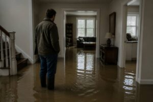 Man standing in a flooded house hallway.