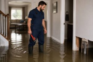 Man standing in floodwater inside a house, holding a pipe wrench.