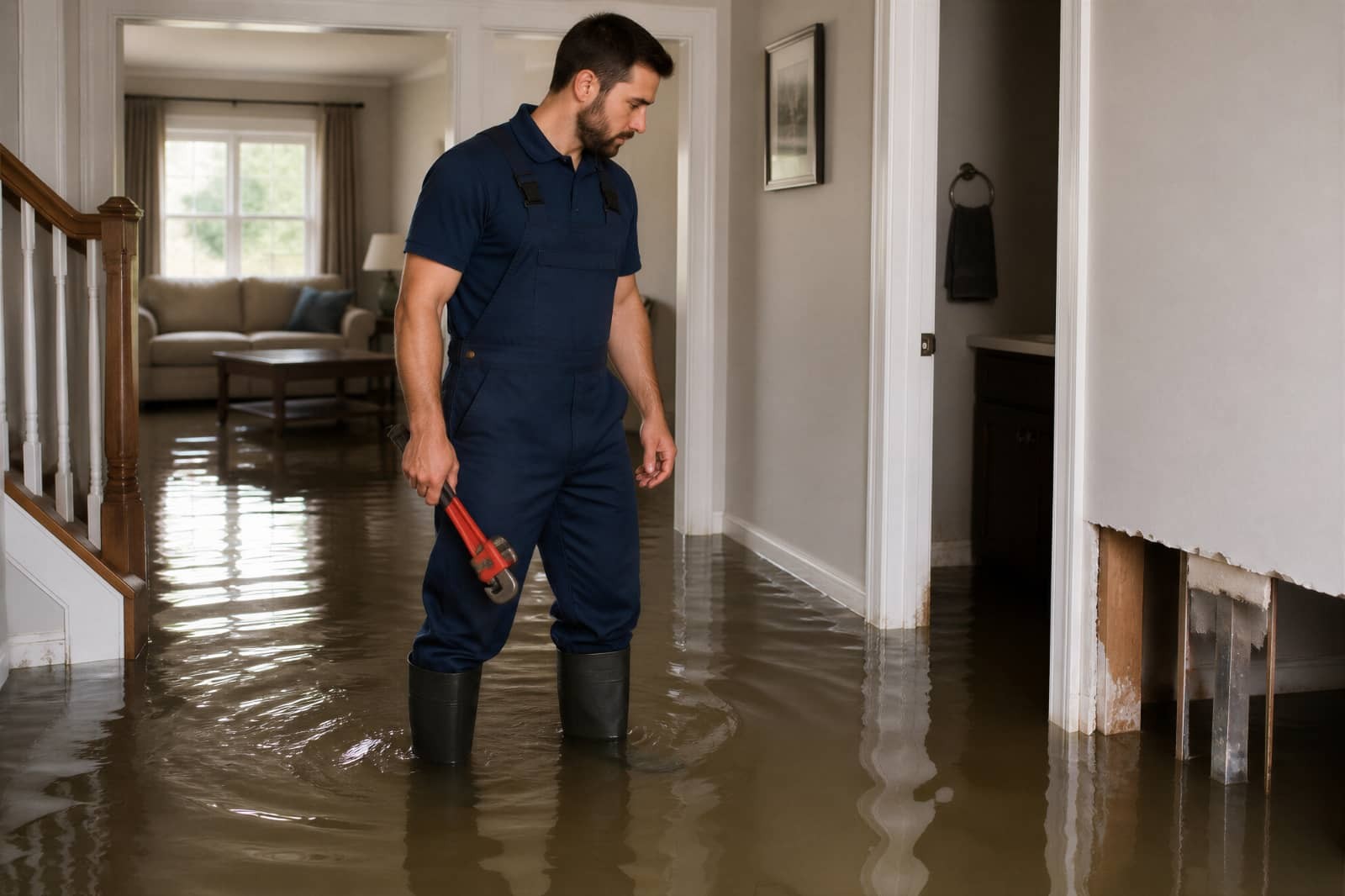 Man standing in floodwater inside a house, holding a pipe wrench.