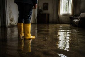 Person in yellow rain boots standing in a flooded room.