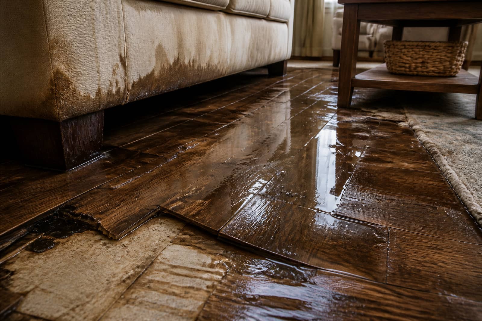 Flooded living room with water-damaged hardwood floor and sofa.