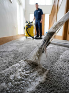 Carpet cleaning with a wet extraction hose and technician.
