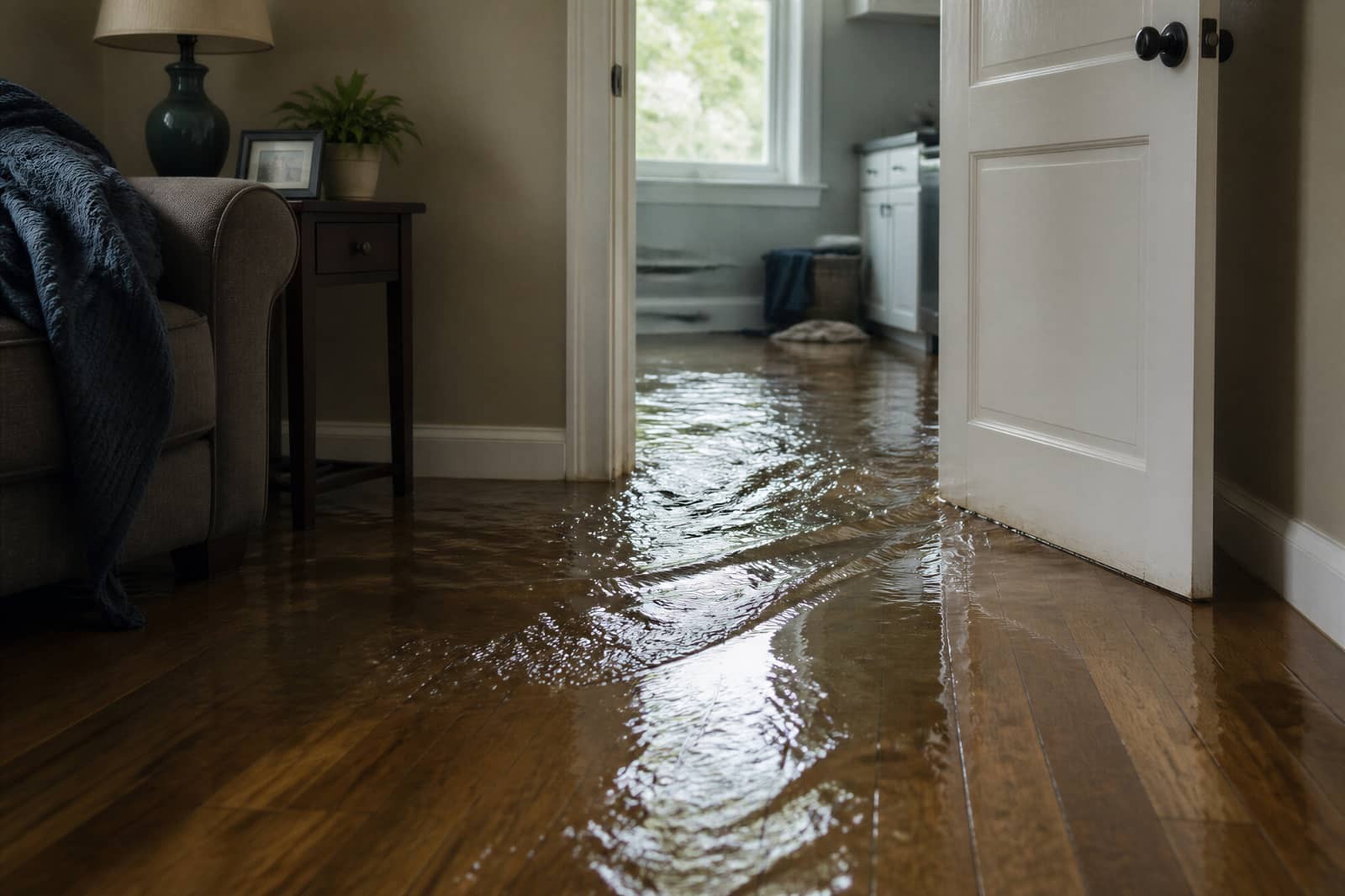 Floodwater flowing through a home hallway into a kitchen.