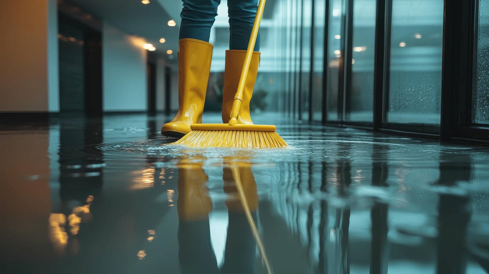 Person in yellow boots using a yellow broom to clean water on a shiny floor indoors.