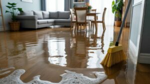Flooded living room with water covering the floor and a broom attempting to push the water away.