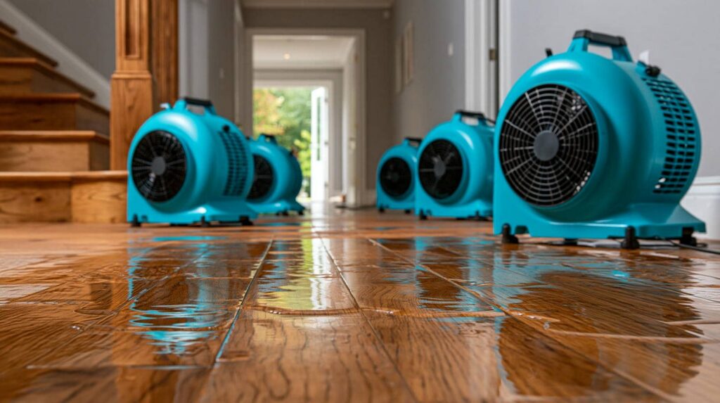 Blue air blowers drying a wet wooden floor in a hallway.